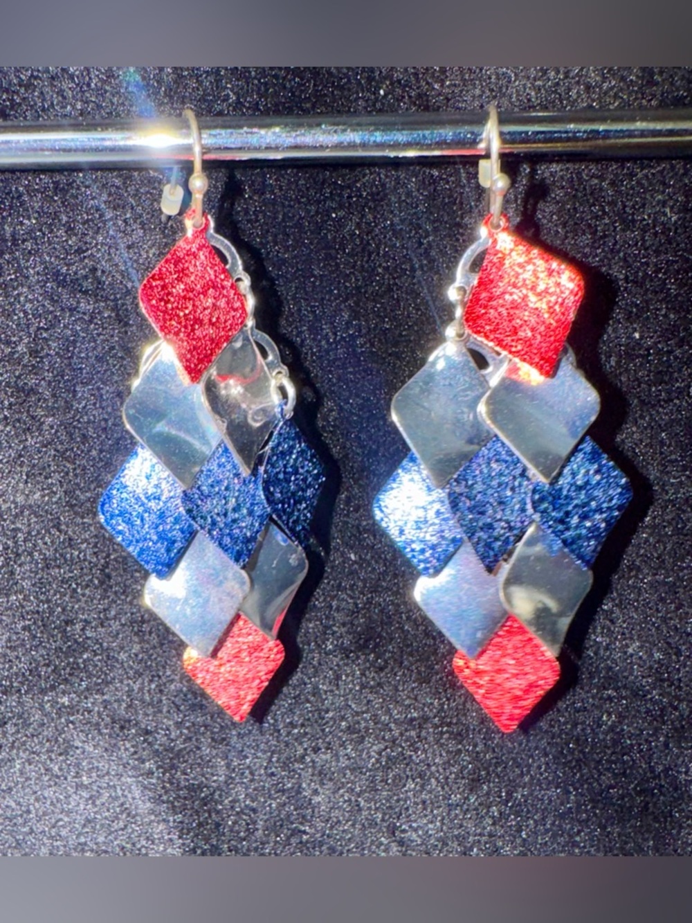Red Silver and Navy Multi-Shape Dangle Earrings